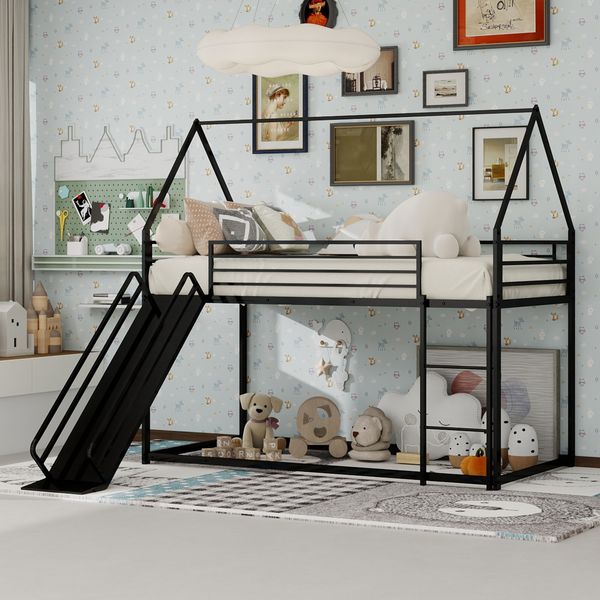 Etagenbett mit Rutsche Spielhaus Design – Kinderhochbett Metall,2-Schläfer mit Sicherheitsgeländer,platzsparend,Schwarz
