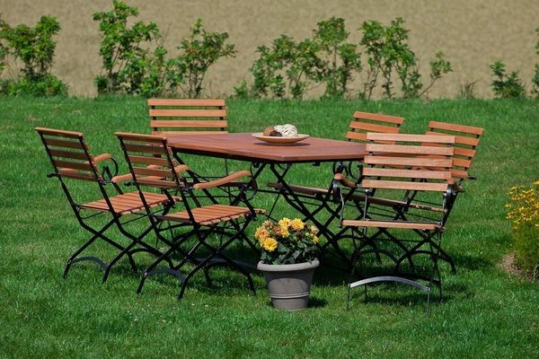 Schlossgarten Gartenmöbel Set 7tlg, 6 Klappsessel, Klappausziehtisch, Flachstahl/Eukalyptus