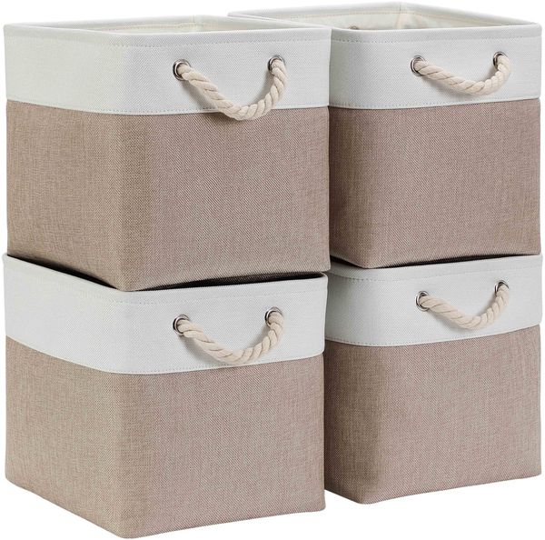 Mangata Aufbewahrungsbox Stoff 30x30x30 cm, aufbewahrungskorb Helles Khaki Weiß, Korbe Stoff in Würfel für Schrank, Regal, und Kleidung, (Faltbare, 4er Pack)
