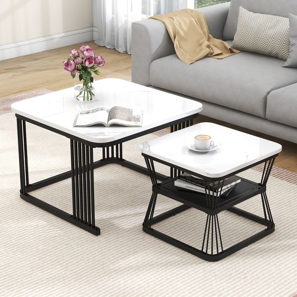 Couchtisch-Set 65x65x45/45x45x39,5 cm, 2-teilig, MDF in Marmoroptik, Stahlgestell