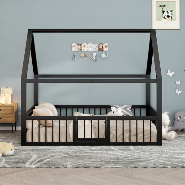 Flachbett 140x200 cm aus Metall mit Dachdesign und Sicherheitsgeländer, Schwarz
