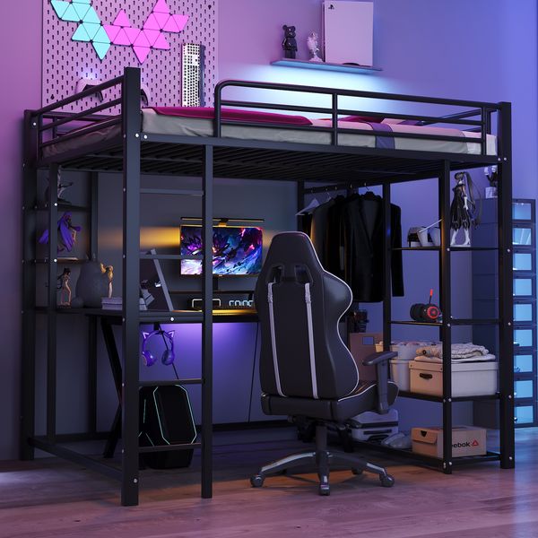 Metall-Hochbett mit Leiter 140*200 cm, Juniorbett Doppelbett mit Tisch mit einfachen Kleiderbügeln mit Ablagefächern, Schwarz