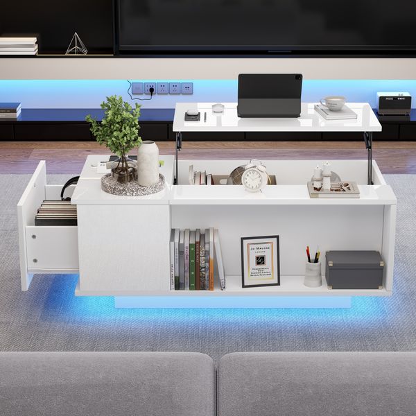 Couchtisch mit hydraulischem Hubtisch, verstecktem Stauraum, 1 Schublade, LED-Bluetooth-Lichtstreifen, Hochglanz-Design