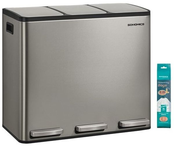 SONGMICS Abfalleimer 3 Fächer, Mülleimer 3 x 18 L, Tretmülleimer Softclose-Deckel, Küche, herausnehmbare Inneneimer, silbern