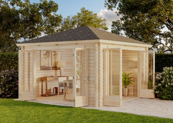 Alpholz Gartenhaus Sunshine ISO mit großer Falttür Gartenhaus aus Holz Holzhaus mit 40 mm Wandstärke Blockbohlenhaus mit Montagematerial