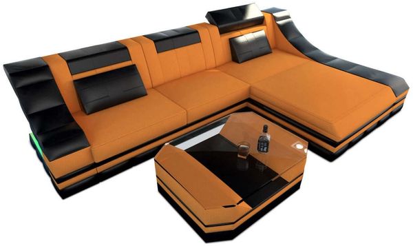 Stoff Ecksofa Turino L Form - Mikrofaserstoff - apricot-schwarz - Rechts