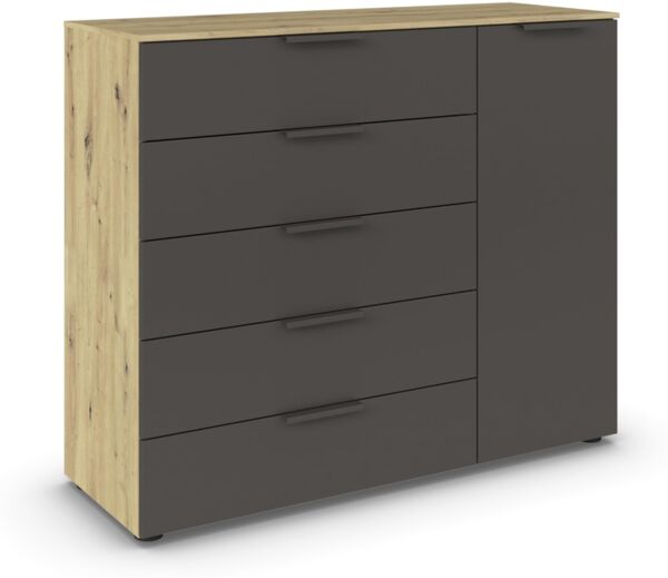 Rauch Möbel Flipp, Kommode für Schlafzimmer, Kinderzimmer, Wohnzimmer, Flur, Garderobe, 1-türig, 5 Schubladen, mit Softclose-Funktion, Farbe Eiche Artisan, Holz/Graphit, Schwarz, Breite 120 cm