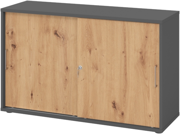 bümö Schiebetürenschrank 2OH - Aktenschrank abschließbar, Sideboard Schrank mit Schiebetüren in Graphit/Asteiche, Bügelgriff - Büroschrank aus Holz mit Schiebetür, Büro Kommode für Ordner & Co, 1752S-G-R-BS