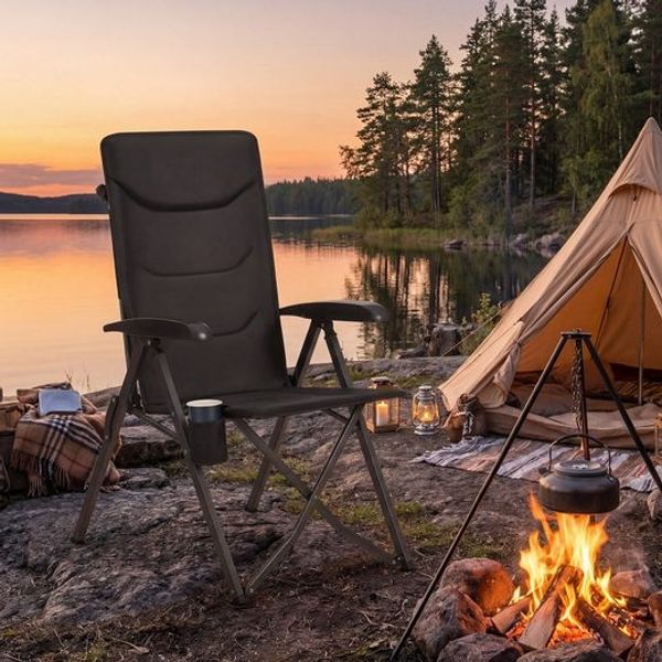 SONGMICS Campingstuhl, verstellbare Rückenlehne 95°-150°, Getränkehalter, Tragetasche, Angeln, Garten, Camping, schwarz
