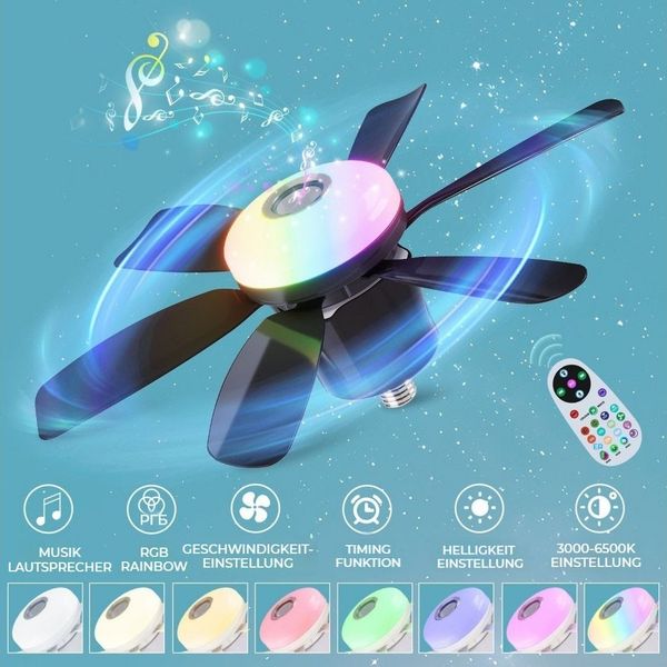 QUBEBU Deckenleuchte RGB Deckenventilator mit Beleuchtung Licht Fernbedienung Musik-Player, LED fest integriert, RGB Farbwechsel(3000~6500K), 200oLM, mit Bluetooth Lautsprecher, Timer Funktion, 6 Flügeln, für Wohnzimmer Schlafzimmer Küche Hotel.