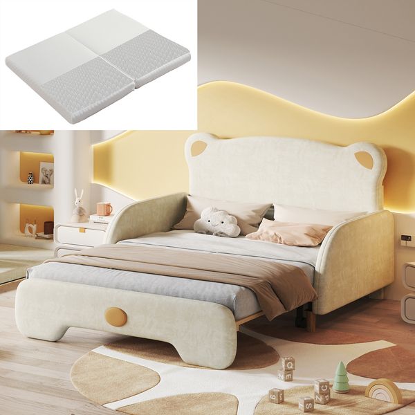 (Mit Matratze) Doppelbett in Bärenform, Polsterbett, Kinderbett, Tagesbett, Ausziehbett, mit weichen Schutzkanten, mit Holzlatten, Samt, Beige (140x105cm&140x200cm), Matratze aus weißem Schwamm