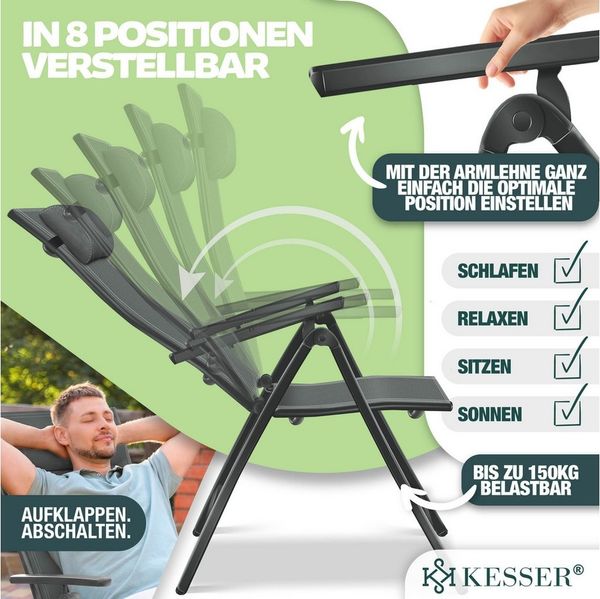 KESSER® Gartenstuhl Hochlehner mit Armlehnen | Aluminium Klappstuhl inkl. Kopfkissen Campingstuhl 7-Fach Verstellbar Rückenlehne | Atmungsaktiv & Wetterfest | Klappbar & Anti-Rutsch Anthrazit, 1 Stück Bild 3