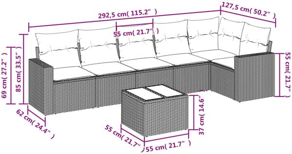 vidaXL 7-tlg. Garten-Sofagarnitur mit Kissen Grau Poly Rattan 3218990 Bild 3