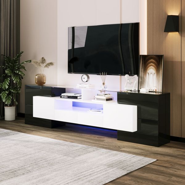 TV-Sideboard 200 cm Schwarz Weiß Hochglanz mit LED-Beleuchtung, 4 Türen, 2 Schubladen, 3 offene Fächer