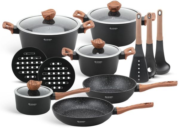 Edenberg Topf-Set Schönes modernes schwarzes Topfset mit Kasserolle, Pfannen, Edelstahl, Keramik, Aluminiumguss (Schöne Töpfe mit einzigartigem Design, 15-tlg, Zeitloses Design des Topfsets. Eine ideale Geschenkidee! Hochwertig)