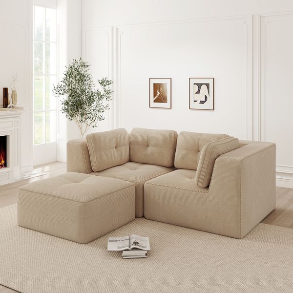 2-Sitzer modulares Ecksofa H 69 x T 208 x B 177 cm aus Cord in Beige, erweiterbar