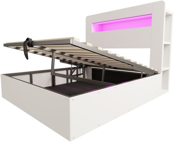 Bettgestell mit Stauraum aus Holz, hydraulischem Hubsystem, LED-Kopfteil, integrierten Steckdosen und Staufächern, modernes Plattformbett in Weiß 140*200 Bild 9