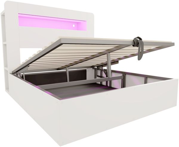 Bettgestell mit Stauraum aus Holz, hydraulischem Hubsystem, LED-Kopfteil, integrierten Steckdosen und Staufächern, modernes Plattformbett in Weiß 140*200 Bild 10