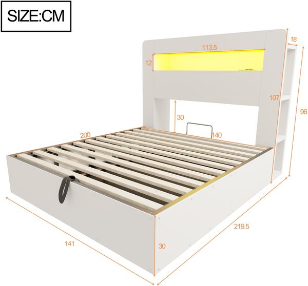Bettgestell mit Stauraum aus Holz, hydraulischem Hubsystem, LED-Kopfteil, integrierten Steckdosen und Staufächern, modernes Plattformbett in Weiß 140*200 Bild 7