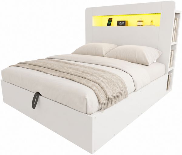 Bettgestell mit Stauraum aus Holz, hydraulischem Hubsystem, LED-Kopfteil, integrierten Steckdosen und Staufächern, modernes Plattformbett in Weiß 140*200 Bild 8