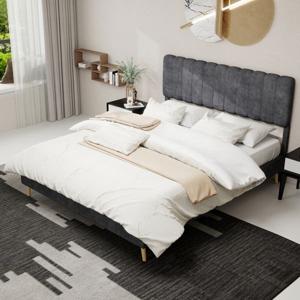 Flieks Polsterbett 160x200cm, Doppelbett mit Kopfteil, Samt, Grau