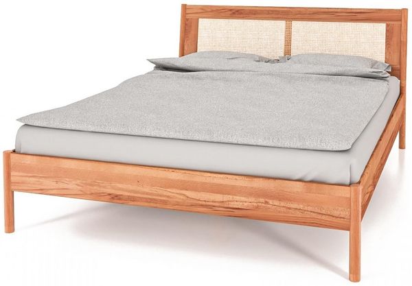Bett Zola 2 Kernbuche massiv Sonderlänge 140x220 Rattankopfteil und Holzbeine