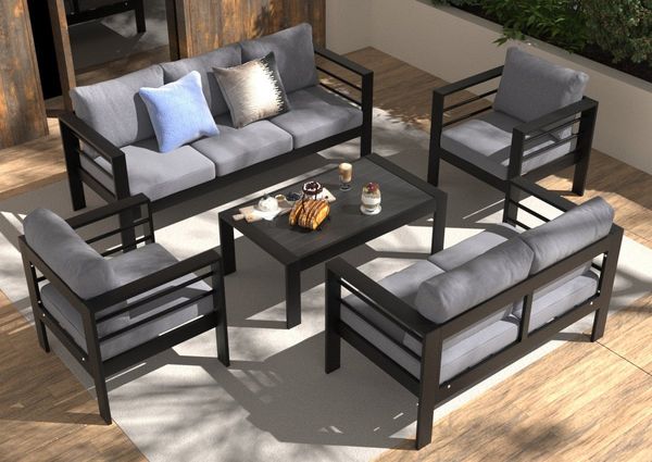 MeXo Gartenlounge-Set Gartenmöbel Set Aluminium, (12cm Deluxe Relax-Sitzkissen, 5-tlg, Belastbarkeit pro Sitzplatz 140kg), Lounge Gartenmöbelset xxl, pflegeleichte Polywood-Tischplatte