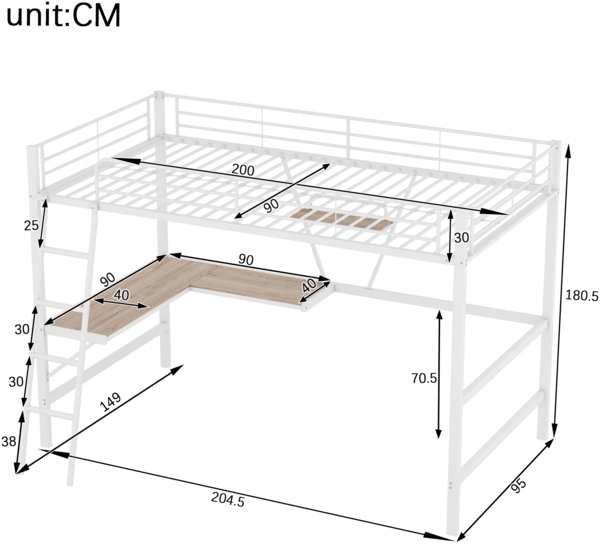 Hochbett 90x200 cm Metallbett mit L-förmigem Schreibtisch und Regal, Eisenbett mit stabiler Leiter, Jugendbett mit Stauraum,weiß Bild 4