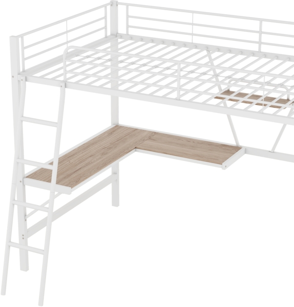 Hochbett 90x200 cm Metallbett mit L-förmigem Schreibtisch und Regal, Eisenbett mit stabiler Leiter, Jugendbett mit Stauraum,weiß Bild 9