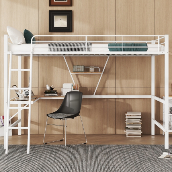 Hochbett 90x200 cm Metallbett mit L-förmigem Schreibtisch und Regal, Eisenbett mit stabiler Leiter, Jugendbett mit Stauraum,weiß Bild 2