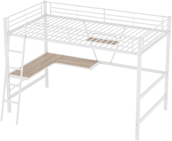 Hochbett 90x200 cm Metallbett mit L-förmigem Schreibtisch und Regal, Eisenbett mit stabiler Leiter, Jugendbett mit Stauraum,weiß Bild 7
