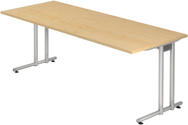 bümö Schreibtisch groß, N-Serie 200x80 cm, Tischplatte aus Holz in Ahorn, Gestell aus Metall in Silber - PC Tisch, großer Computertisch für's Büro, Office Bürotisch, NS-20-3-S