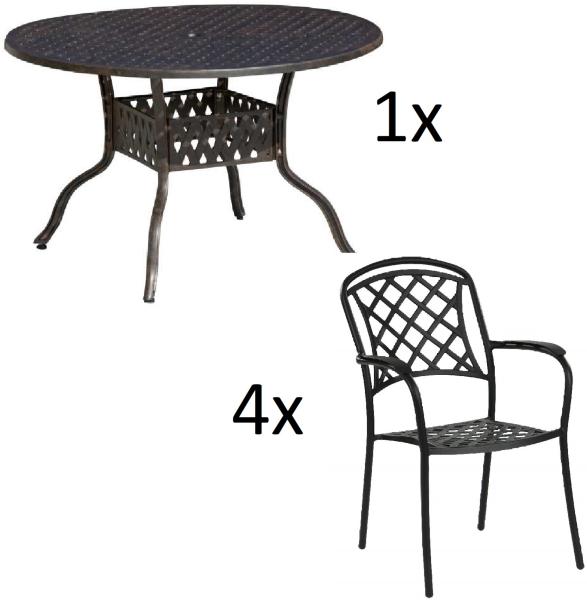 Inko 5-teilige Sitzgruppe Aluminium Guss bronze Tisch Ø 120 cm mit 4 Sesseln Tisch Ø120 cm mit 4x Sessel Capri