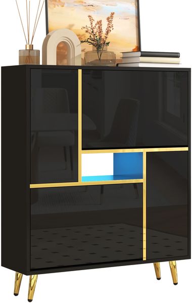 Moderner Schuhschrank, schwarzer Schuhschrank mit Hochglanzfront und 16-farbigem LED-Licht (80 x 25 x 96 cm)