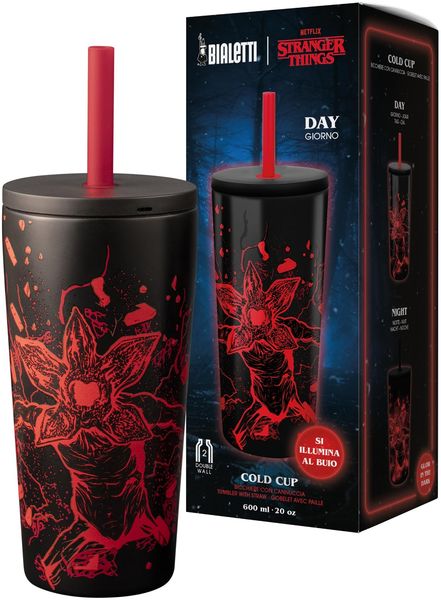 Bialetti Thermobecher Stranger Things, 900 ml – mit Strohhalmdeckel, leuchtet im Dunkeln, hält die Temperatur, nicht spülmaschinengeeignet, Silber