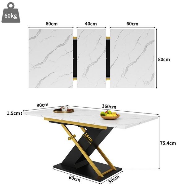 Celya Esstisch Teleskoptisch,Esstisch Ausziehtisch MDF Tischplatte Mit Marmormustern (Doppelnutzung für Heim & Büro), Küchen-Wohnzimmertisch mit goldenen Kreuzbeinen 120-160×80cm