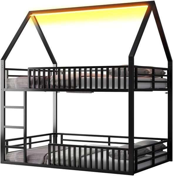 140x200 Haus-Etagenbett mit Zaun und LED-Licht, Schwarz