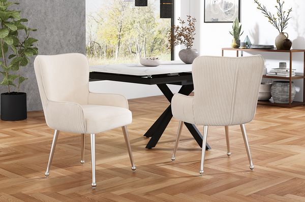 2er-Set Samt-Esszimmerstühle mit Armlehnen, beige/silber, 53x57x83 cm