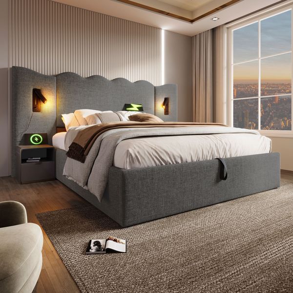 Polsterbett 160×200 cm aus Leinen-Stoff mit Leselampe und USB-C-Ladefunktion, grau
