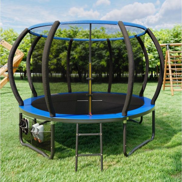 GUNJI Gartentrampolin trampolin 305/366cm, Kindertrampolin mit Sicherheitsnetz und Geländer, Ø 305 cm, (150 kg Tragfähigkeit, in den Farben schwarz und blau erhältlich, 360°-Geländer)