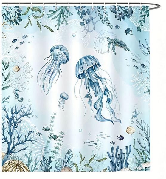 Agger Duschvorhang Duschvorhang Qualle Blau Ozean Meeresschildkröte 180 x 180 cm Breite 180 cm, Anti-Schimmel Wasserdicht Polyester Stoff Waschbar Bad Vorhäng