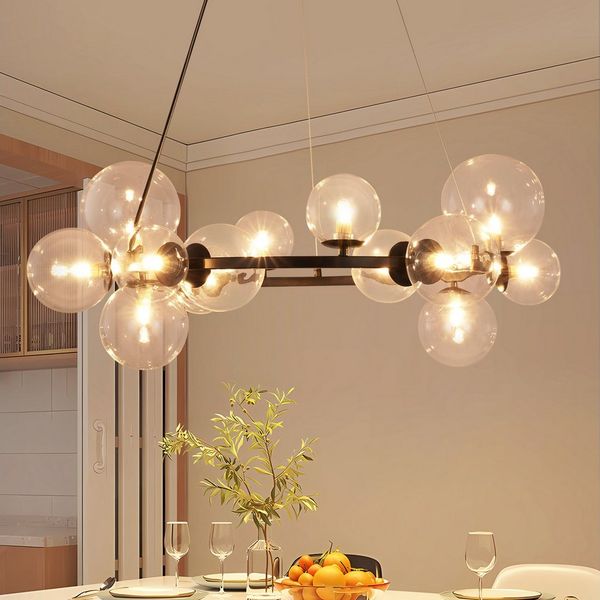 ZMH Pendelleuchte Esszimmer 14 Flammig Modern Hängeleuchte G9 Kronleuchter Glaskugel, Groß Retro Hängelampe Hotel, ohne Leuchtmittel, Einstellbare 150CM Transparent Esszimmerlampe Treppenhaus Flur