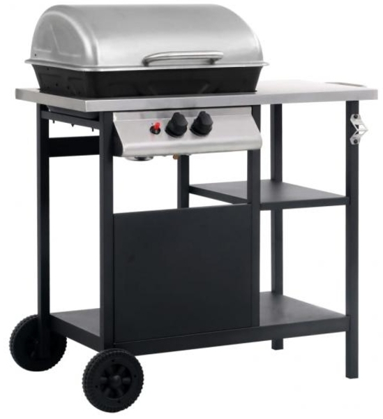 vidaXL Gasgrill, mit Beistelltisch auf 3 Ebenen, Stahl Schwarz und Silbern, 92 x 53 x 96 cm