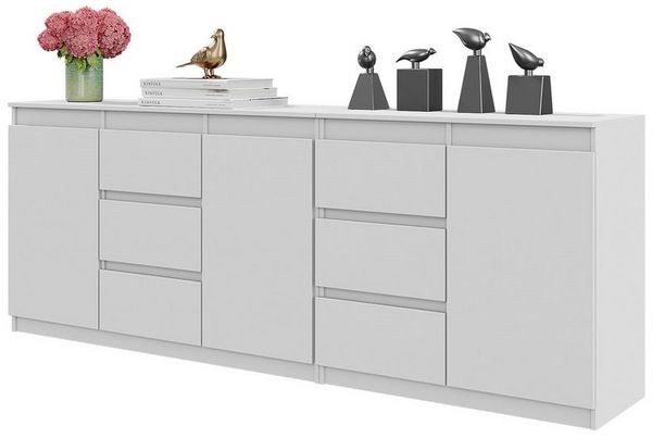 Furnica Kommode MIKEL, 6 Schubladen und 3 Türen - Weiß Matt H75cm B200cm T35cm