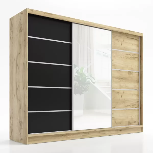 Schwebetürenschrank, 3-türig Schrank 200 cm mit Spiegel AURELIA 1. Farbe: Eiche Kraft gold, schwarz