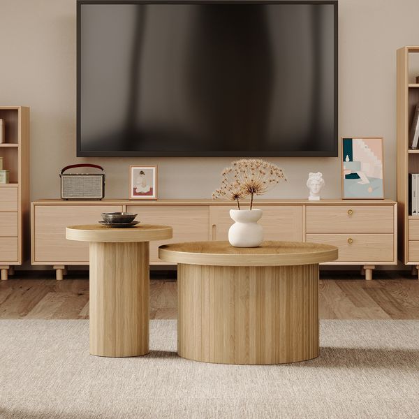 Couchtisch-Set 2-teilig rund mit Naturholzoptik, Nesttische - 66x66x40 cm