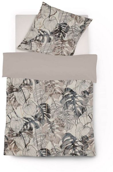 Fleuresse Mako-Satin Bettwäsche 135x200 Blätter Wende grau sand 114382-07
