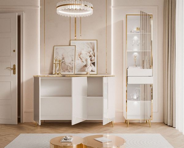 ALLHOUSE24 Wohnzimmer-Set PEONY weiß Hochglanz/ weiß GOLD mit LED Beleuchtung Kommode Vitrine, (1x Kommode, 1x Vitrine), LED Beleuchtung, Fronten in Hochglanz