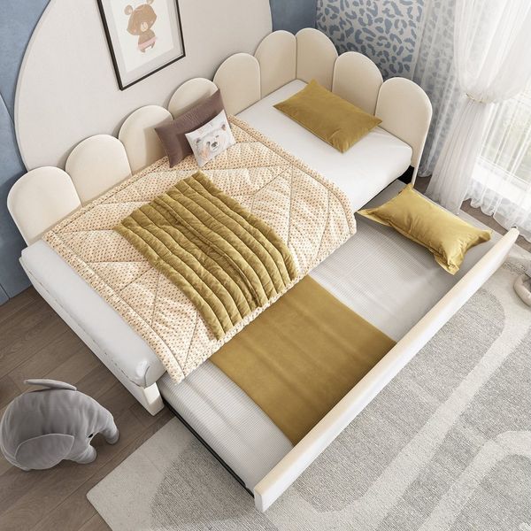 Celya Polsterbett Daybett 90x200cm,Tagesbett Schlafsofa mit Ausziehbett 90x190cm (Beige, ohne Matratze), Kinderbett mit Lattenrost, Samt