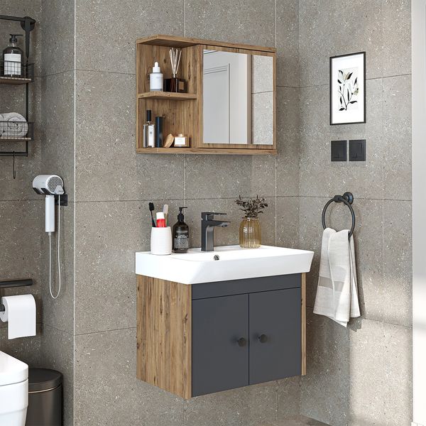 Roomart ADA Badmöbel Set– 3-teiliges Badezimmermöbel Set mit Waschbecken, Unterschrank & Spiegelschrank - H 42 x B 35 x T 60 cm • Anthrazit-Eiche